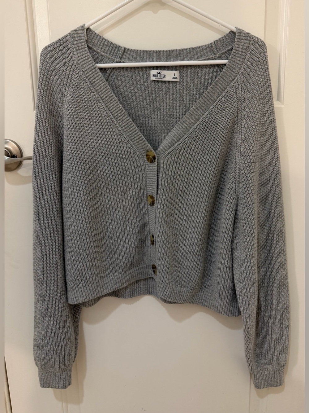 Hollister Heather Gray Crop Cardigan Button Front Knit Sweater L Casual